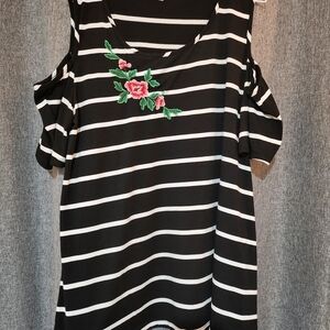 Black and White Striped Cold Shoulder Top with Floral Embroidery